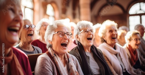 elderly women practicing choir singing in a historic church, their voices harmoniously blending