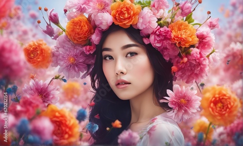 beautiful asian woman with flowers in her hand. asian woman with flowers in the garden. beautiful asian woman with flowers in her hand. asian woman with flowers in the garden. beautiful woman with flo