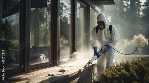 a Professional in a mask and white protective suit sprays toxic gas as part of a pest control service. Cleaning concept. photo
