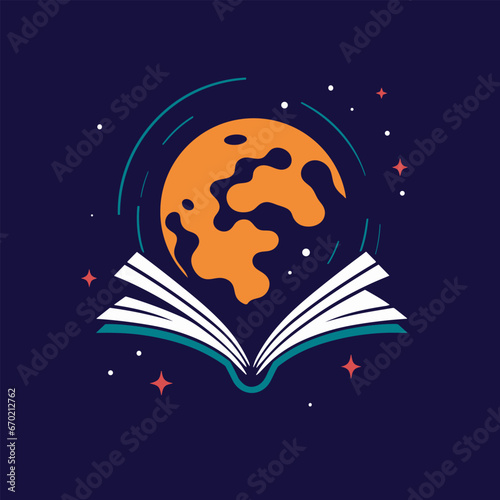 Open book with planet flat icon. Vector sign for logo concept and illustration. Planet Earth with stars above a book. Stock graphic.