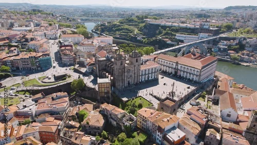 Porto Portugal, Aerial view of the Cathedral of  Porto close to the  Dom Luis I Bridge, the old town, and Douro River, Travel Tourism landmark 