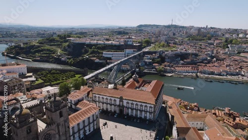 Porto Portugal, Aerial view of the Cathedral of  Porto close to the  Dom Luis I Bridge, the old town, and Douro River, Travel Tourism landmark 