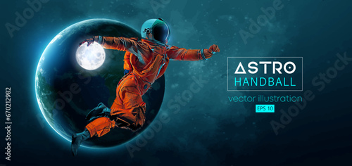 Abstract silhouette of a handball player astronaut in space action and Earth, Moon planets on the background of the space. 3d render. Vector illustration