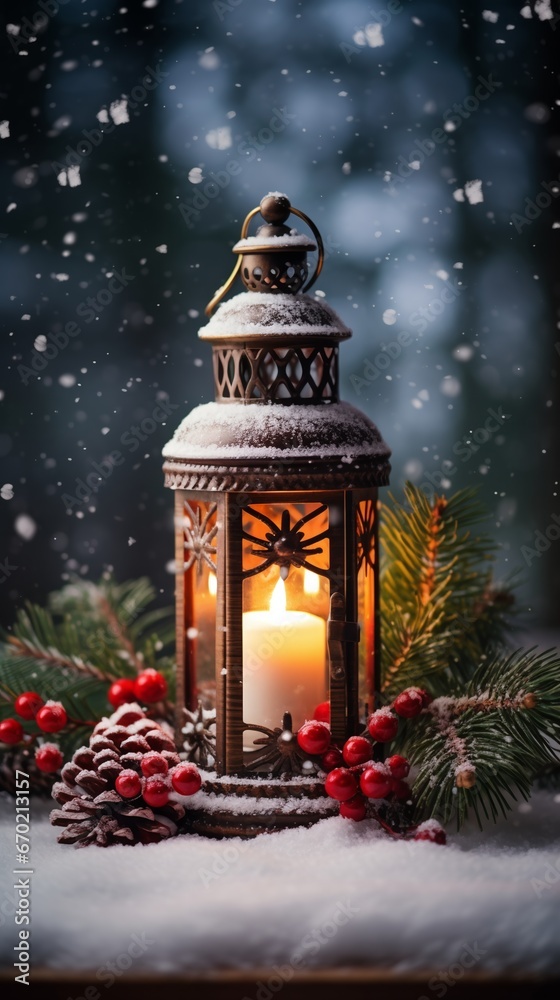 Christmas lantern on snowy table with blurred background Christmas lantern on snowy table with blurred background