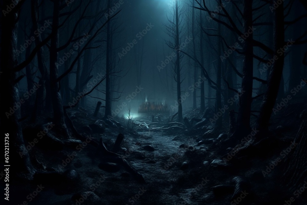 Eerie forest at night with a haunted atmosphere. Perfect for Halloween themes. 3D artwork. Generative AI