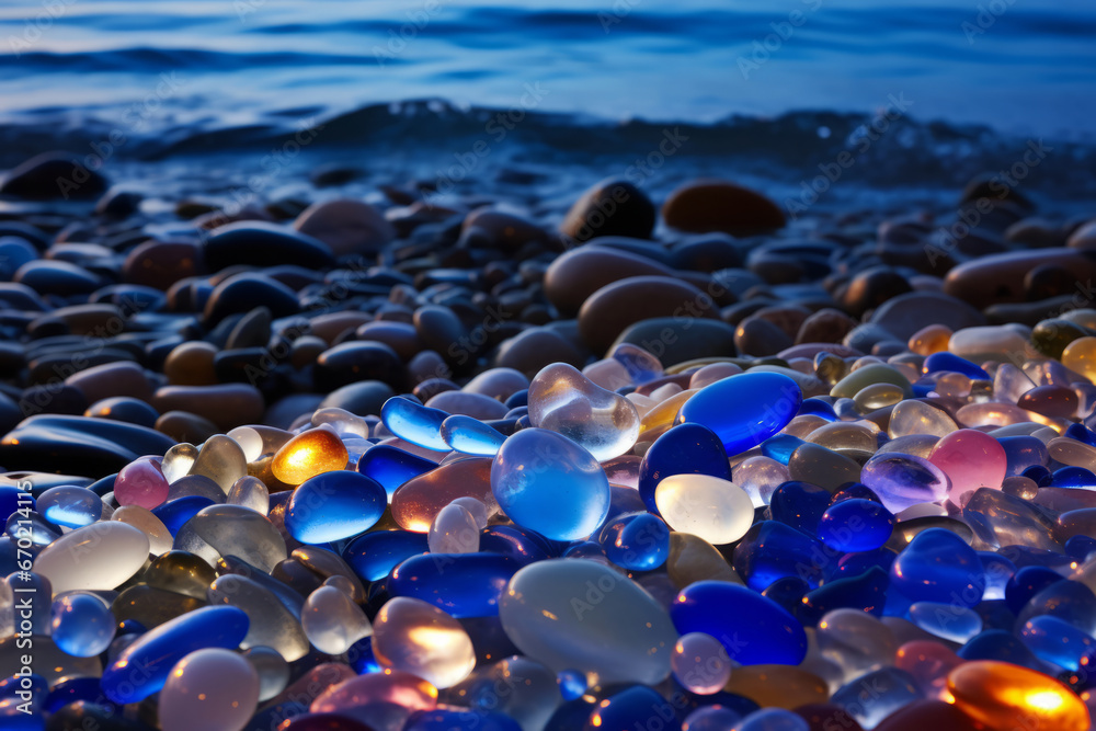 Fototapeta premium Beach under moonlight scattered with many colorful pebbles. Generative AI