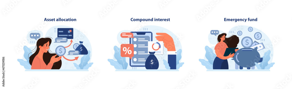 Financial independence, FIRE concept set. Money savings and investment for early retirement. Financial literacy and personal budget development. Assets management. Flat vector illustration