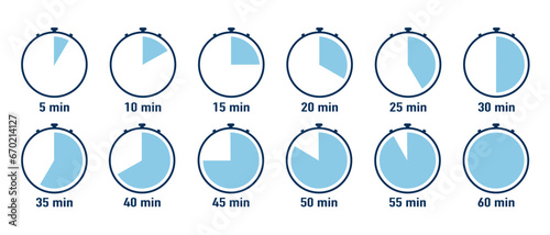 Set of timers. Clock, stopwatch icons. Countdown timer. Circle clock counter in blue color. Simple vector icons