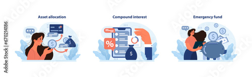 Financial independence, FIRE concept set. Money savings and investment for early retirement. Financial literacy and personal budget development. Assets management. Flat vector illustration