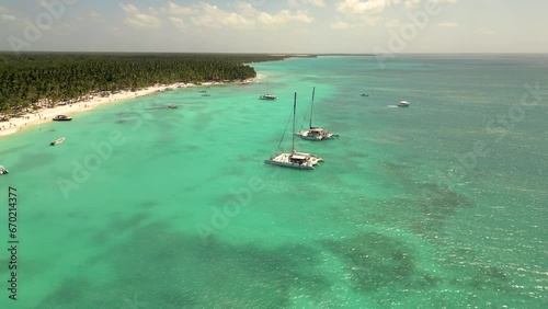 Caribbean White Sand Beach on a Tropical Isla Saona Island with Palm trees and Blue Water (Aerial Drone View in 4k)
