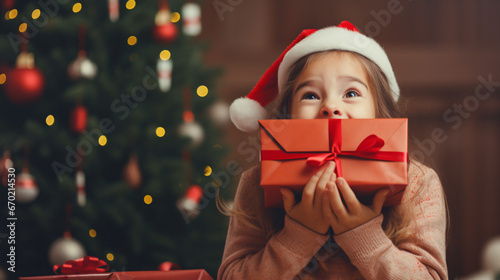 Christmas. Family. Love. Little girl is covering her dad's eyes making a surprise with a gift box. Near the Christmas tree at home