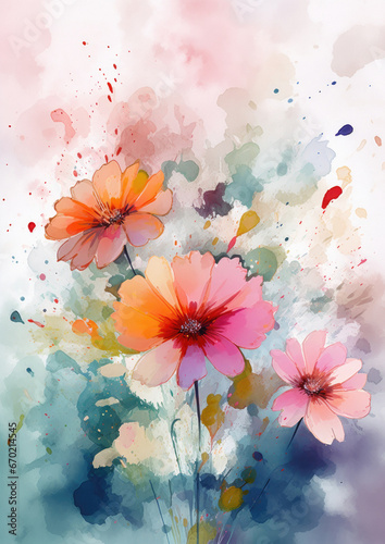 watercolor illustration background of beautiful flowers in a very loose and handmade style, with bright gradients and loose watercolor washes.