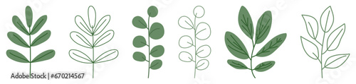 Set of green leaves. Hand drawn floral elements. Vector illustration isolated on white background