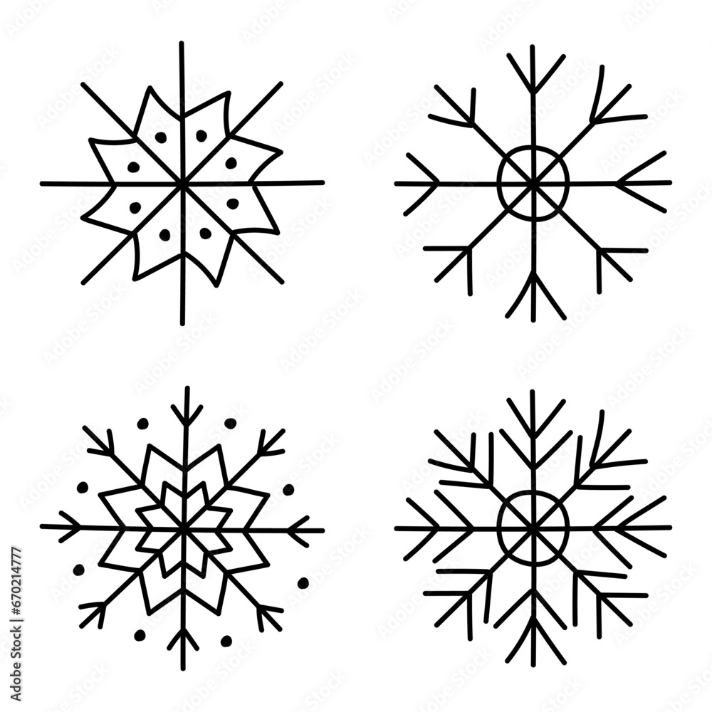 Set of snowflakes doodle icons. Winter snow symbols. Vector illustration isolated on white background