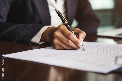 Woman's hands signing a major financial contract with luxury pens. Generative AI