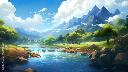 wonderful manga anime landscape artwork, mountain scenery with a flowing river