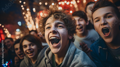 Celebración festiva: Amigos adolescentes y videojuegos celebrando juntos y con una gran sonrisa photo