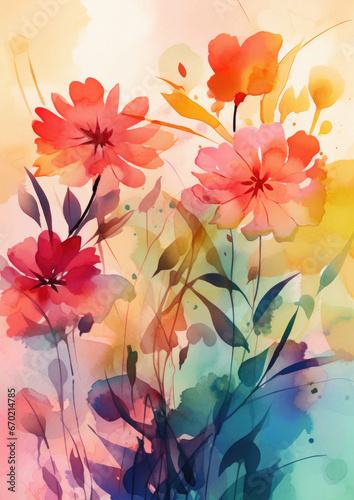watercolor illustration background of beautiful flowers in a very loose and handmade style  with bright gradients and loose watercolor washes.