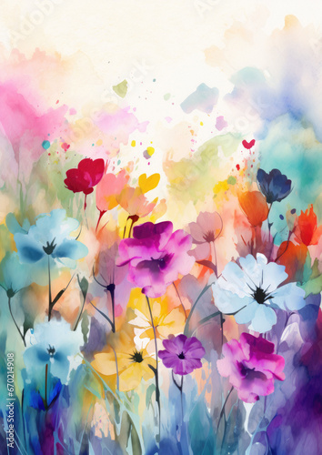 watercolor illustration background of beautiful flowers in a very loose and handmade style  with bright gradients and loose watercolor washes.