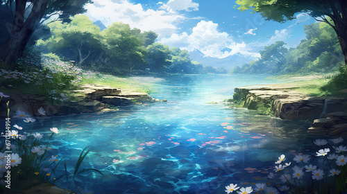 beautiful relaxing magical river flowing scenery, anime manga artwork