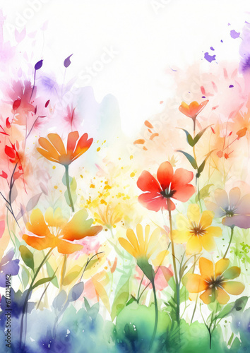 watercolor illustration background of beautiful flowers in a very loose and handmade style  with bright gradients and loose watercolor washes.