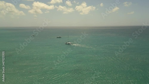 Caribbean White Sand Beach on a Tropical Isla Saona Island with Palm trees and Blue Water (Aerial Drone View in 4k)