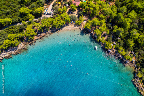 Marmaris, Mugla, Turkey. Incekum Beach in Marmaris with perfect turquoise water. Aerial view of beach, drone shot.