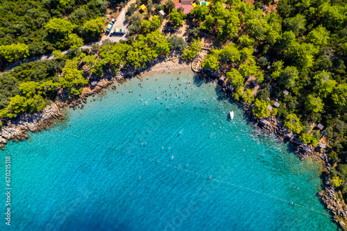 Fototapeta Naklejka Na Ścianę i Meble -  Marmaris, Mugla, Turkey. Incekum Beach in Marmaris with perfect turquoise water. Aerial view of beach, drone shot.