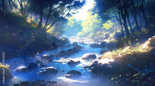 a flowing river in a forest  sun shining through  anime manga artwork