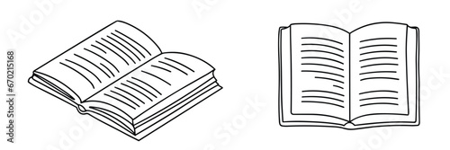 Set of two open books in doodle style. Outline open book. Hand drawn vector illustration.