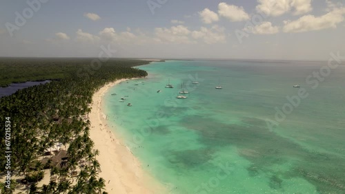 Caribbean White Sand Beach on a Tropical Isla Saona Island with Palm trees and Blue Water (Aerial Drone View in 4k)