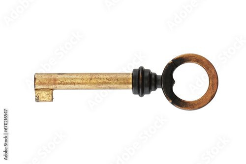 Old brass key on white