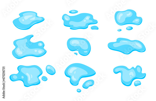 A puddle of spilled water. Shape of spilled liquid. splash and splash of clear, clean water. Design in cartoon style. Vector isolated illustration.