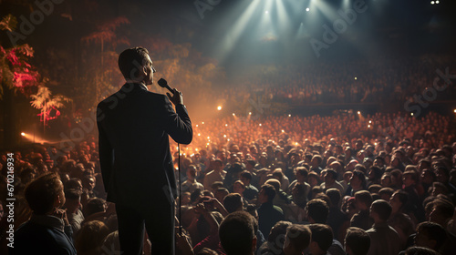 Man on stage entertains a large audience at an event photo