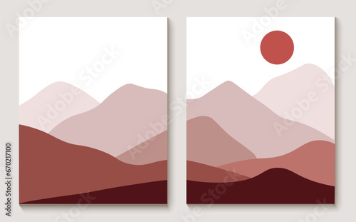 Sunset against the backdrop of the mountains. Poster in boho style. Nature landscape. Scandinavian design for wall decor.Vertical minimalist painting.Vector image.