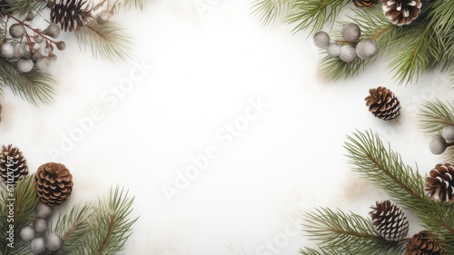 lush fir branches, paper cards for heartfelt congratulations, and delicate pine cones. The theme revolves around Christmas and New Year, presented in a flat lay, top view style.