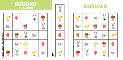 Sudoku with easter objects. Game puzzle for kids. Cut and glue. Cartoon