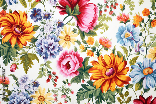 Colorful flower pattern on white background, illustration generated by AI