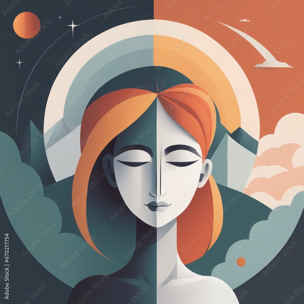 abstract art, art, illustration, modern illustration abstract art, art, illustration, modern illustration beautiful woman with long hair in a red dress with a moon in the sky.