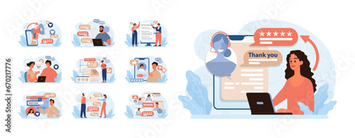 Gratitude set. Grateful and thankful characters. Charity and volunteer work sharing love and care. Online and offline communication. Flat vector illustration