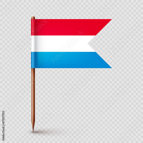 Luxembourgish toothpick flag. Souvenir from Luxembourg. Wooden toothpick with paper flag. Location mark, map pointer. Blank mockup for advertising and promotions. Vector illustration