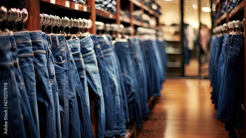 a rack filled with a variety of denim jeans, highlighting the concept of buying and shopping for the latest denim fashion.