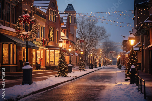 snowy evening street decorated with christmas decorations. winter holidays in the town