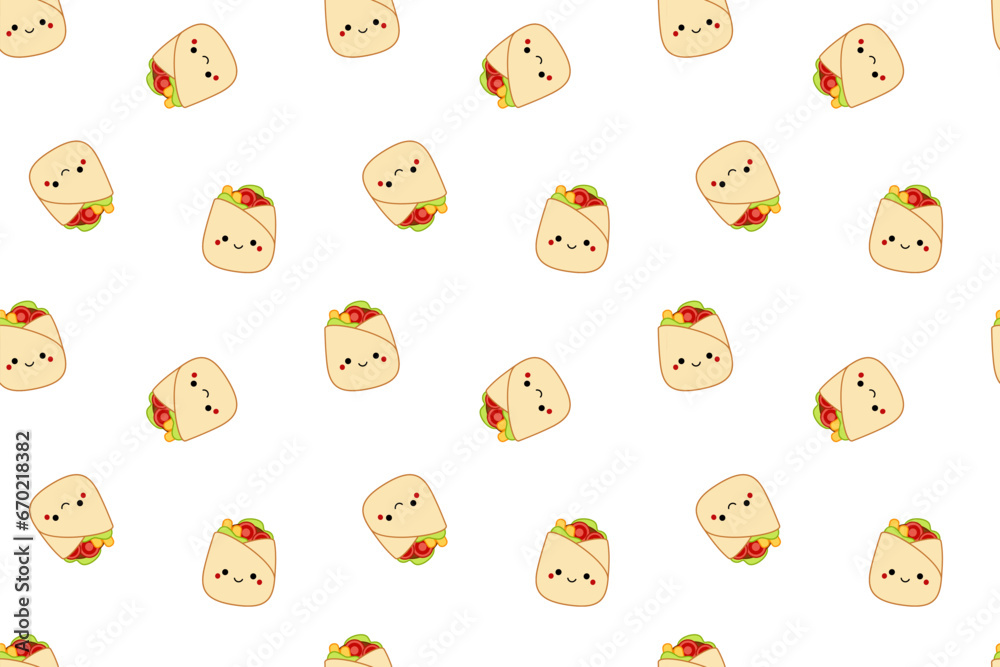 Doner kebab on seamless pattern. Squishmallow. Doner kebab Kawaii Vector Doner kebab on seamless pattern. Squishmallow. Doner kebab Kawaii Vector