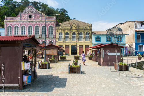 Sao Francisco de Sul, Brazil - August 22th 2023: Colonial style buildings in the historic center of São Francisco do Sul, oldest city of Santa Catarina (South of Brazil)