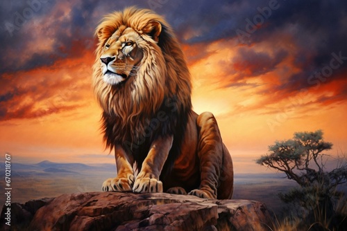 Majestic lion in hyper-realistic watercolor artwork  with a dramatic sunset setting and intricate details. Vibrant and fluid mane  captivating wildlife art. Generative AI