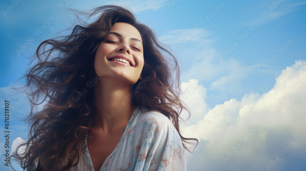 Brunette woman breathing fresh air and feeling the wind with nice clouds in the background. - obrazy, fototapety, plakaty 