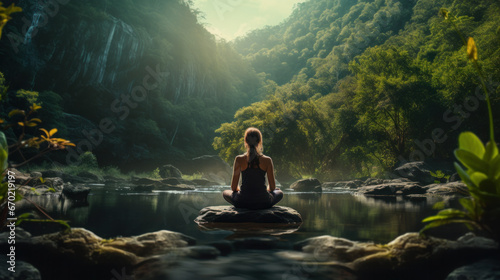 Young woman meditating by the lake