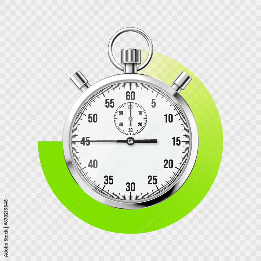 Realistic classic stopwatch. Shiny metal chronometer, time counter with dial. Green countdown timer showing minutes and seconds. Time measurement for sport, start and finish. Vector illustration Realistic classic stopwatch. Shiny metal chronometer, time counter with dial. Green countdown timer showing minutes and seconds. Time measurement for sport, start and finish. Vector illustration