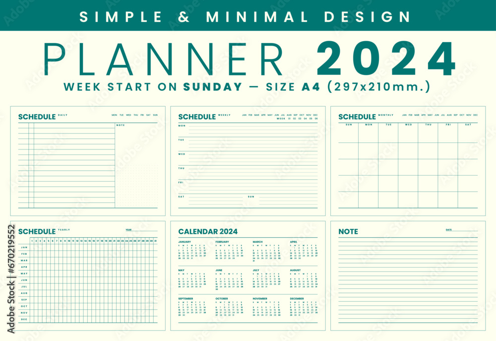 2024 Monthly planner template simple and minimal design, start week on sunday, size A4 - obrazy, fototapety, plakaty 